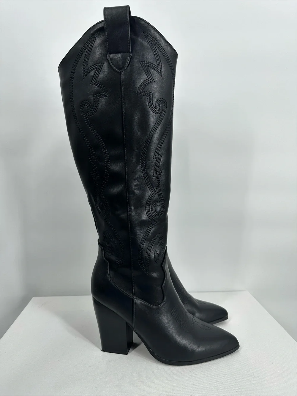 Women Western Embroidered Knee High Cowgirl Boots Pointed Toe Block Heel Black
